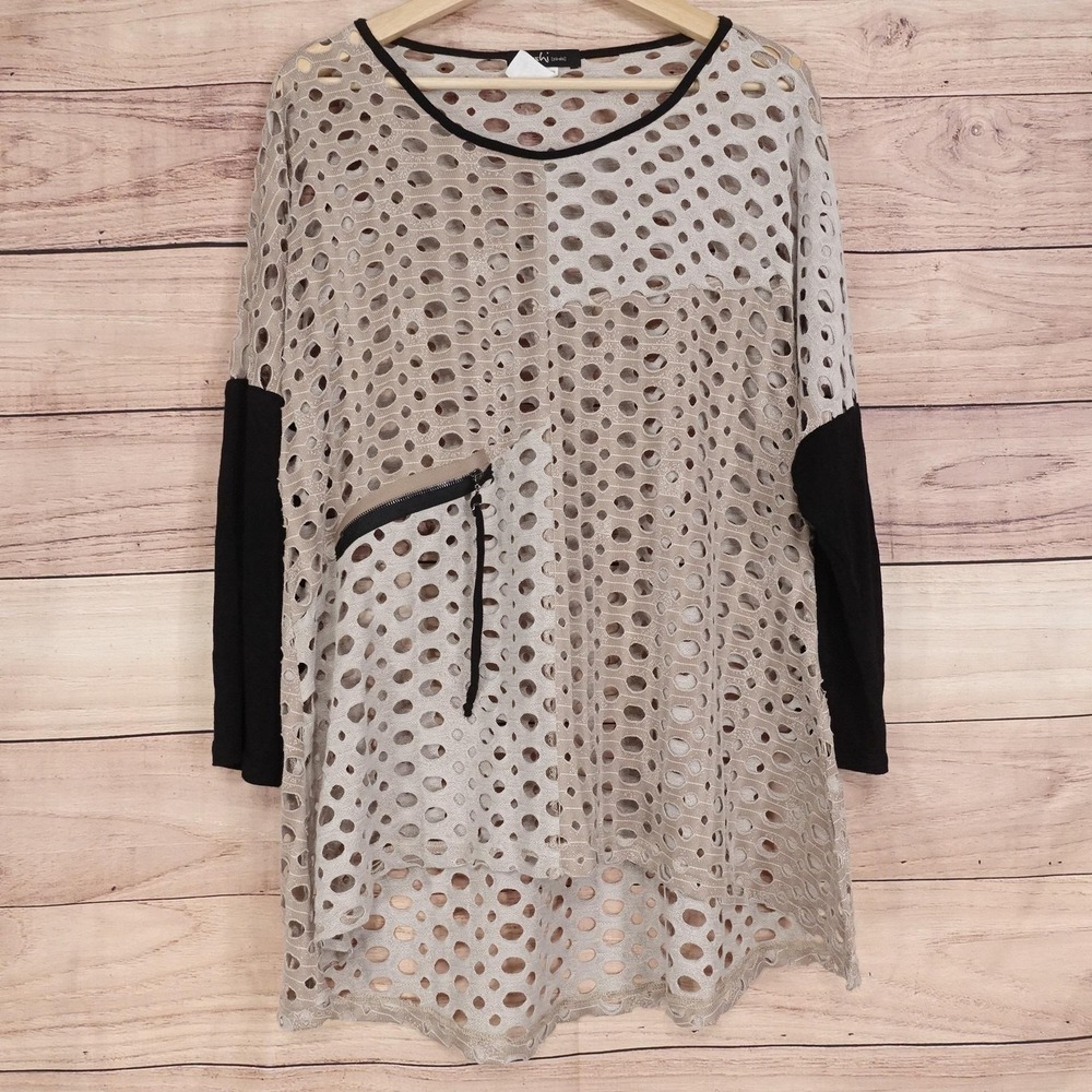 Yushi Blouse Womens L Beige Scoop Neck Long Sleeve Tunic Sheer Crochet Top